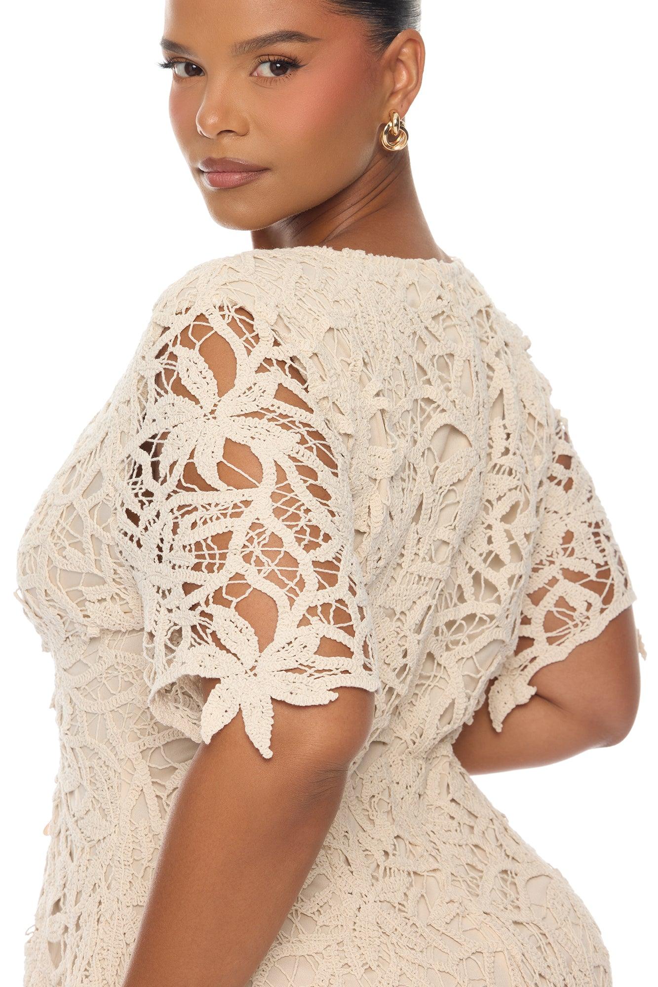 Liliana Short Sleeve Crochet Mini Dress - Sand Female Product Image
