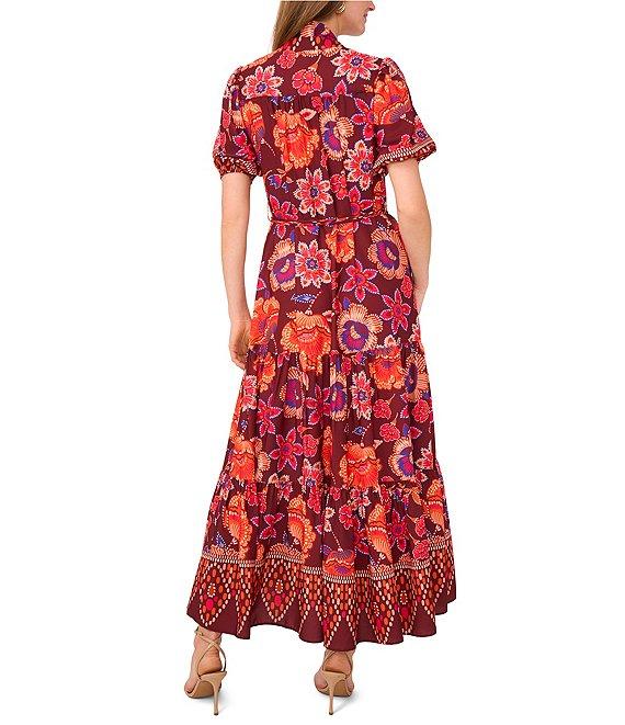 Vince Camuto Woven Floral V-Neck Short Puff Sleeve Button Front Tiered Maxi Dress Product Image