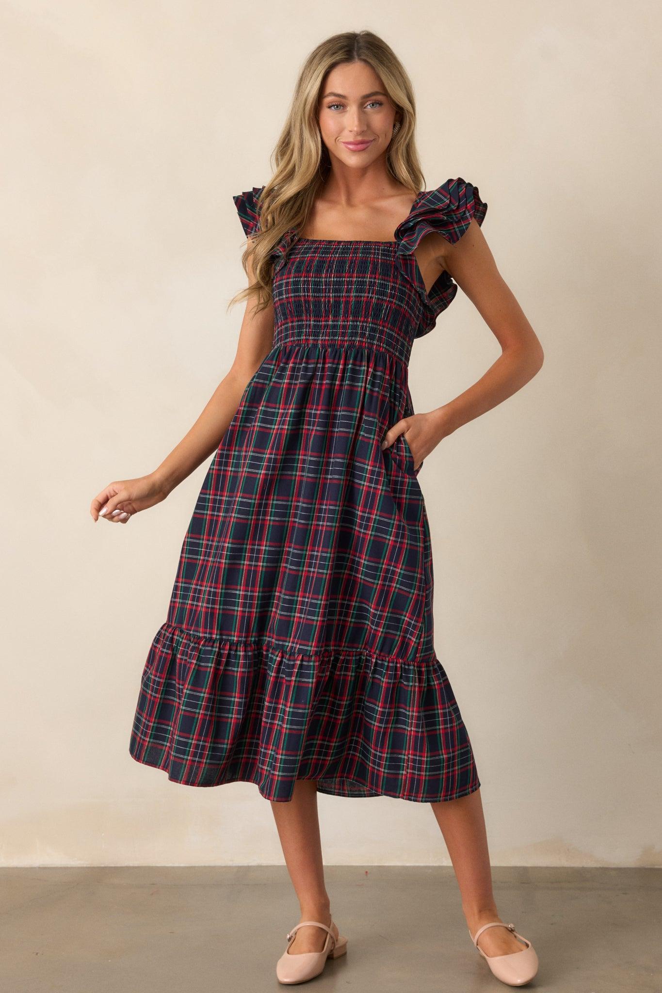 Always Good Cotton Navy Plaid Flutter Sleeve Midi Dress Product Image