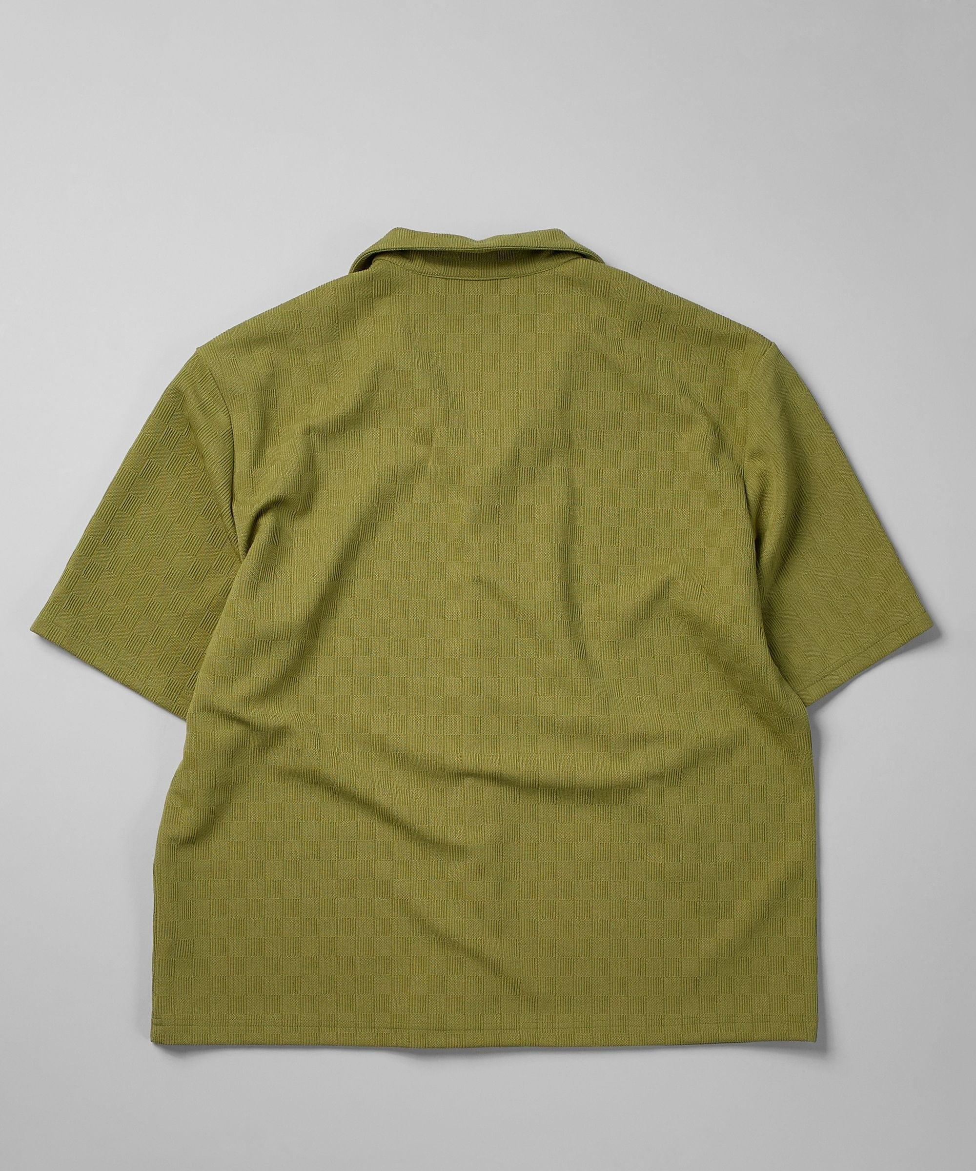 Jacquard Textured Knit Short Sleeve Button Down Shirt - Olive Green Product Image