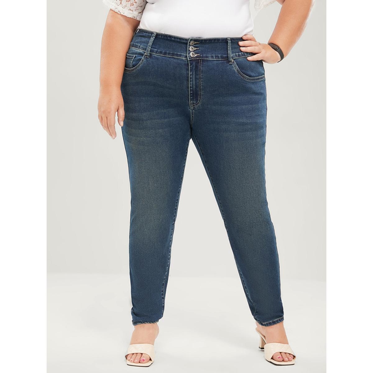 Plus Size Skinny Very Stretchy Mid Rise Dark Wash Sculpt Waist Jeans Women DarkBlue Casual Plain Tummy control High stretch Pocket Jeans BloomChic 24/3X Product Image