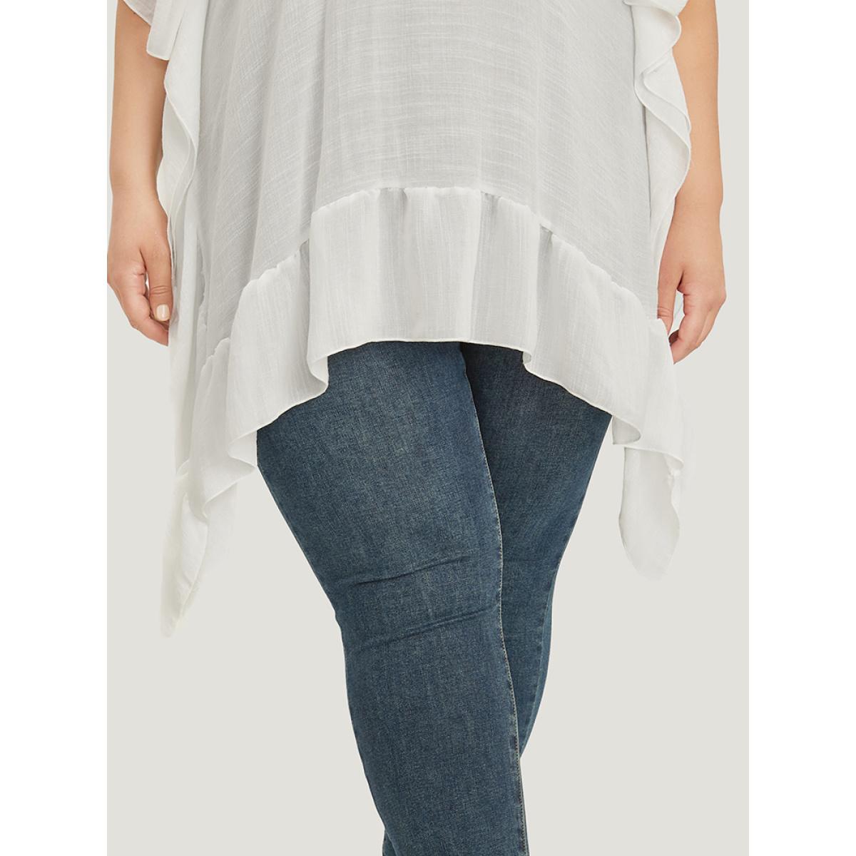 Plus Size Solid Ruffle Trim Dolman Sleeve Lace Asymmetrical Hem Knit Top White Women Elegant Short sleeve V-neck Dailywear Pullovers BloomChic 18-20/2X Product Image