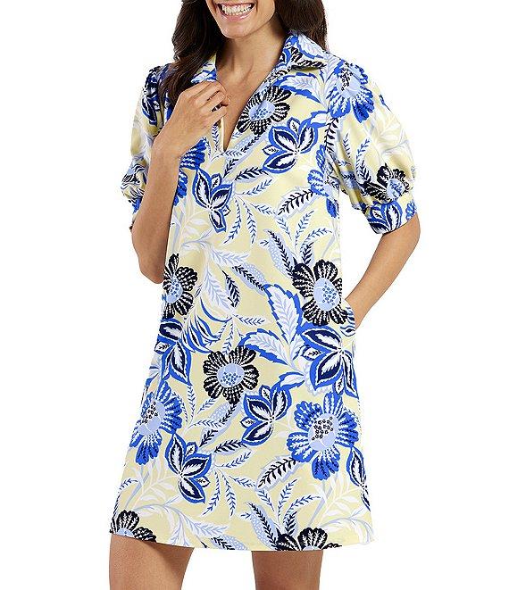 Jude Connally Emerson Blooming Botanics Print Jude Cloth Knit Point Collar Puffed Sleeve Shift Dress Product Image