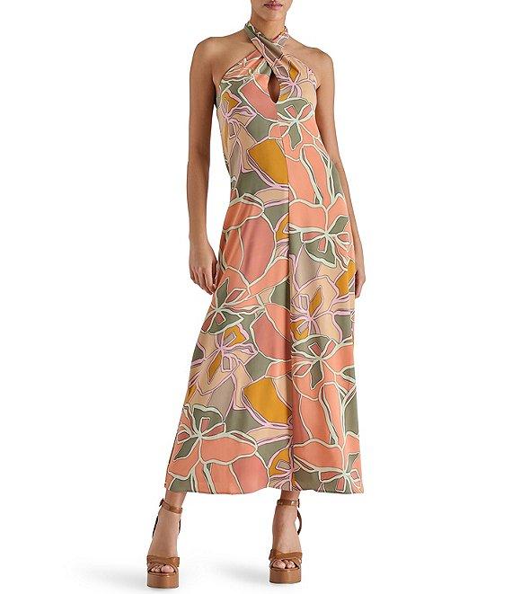 Steve Madden Larissa Woven Floral Print Twist Halter Neck Sleeveless A-Line Maxi Dress Product Image