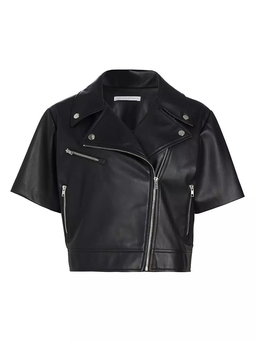 Womens Short-Sleeve Faux Leather Moto Jacket Product Image