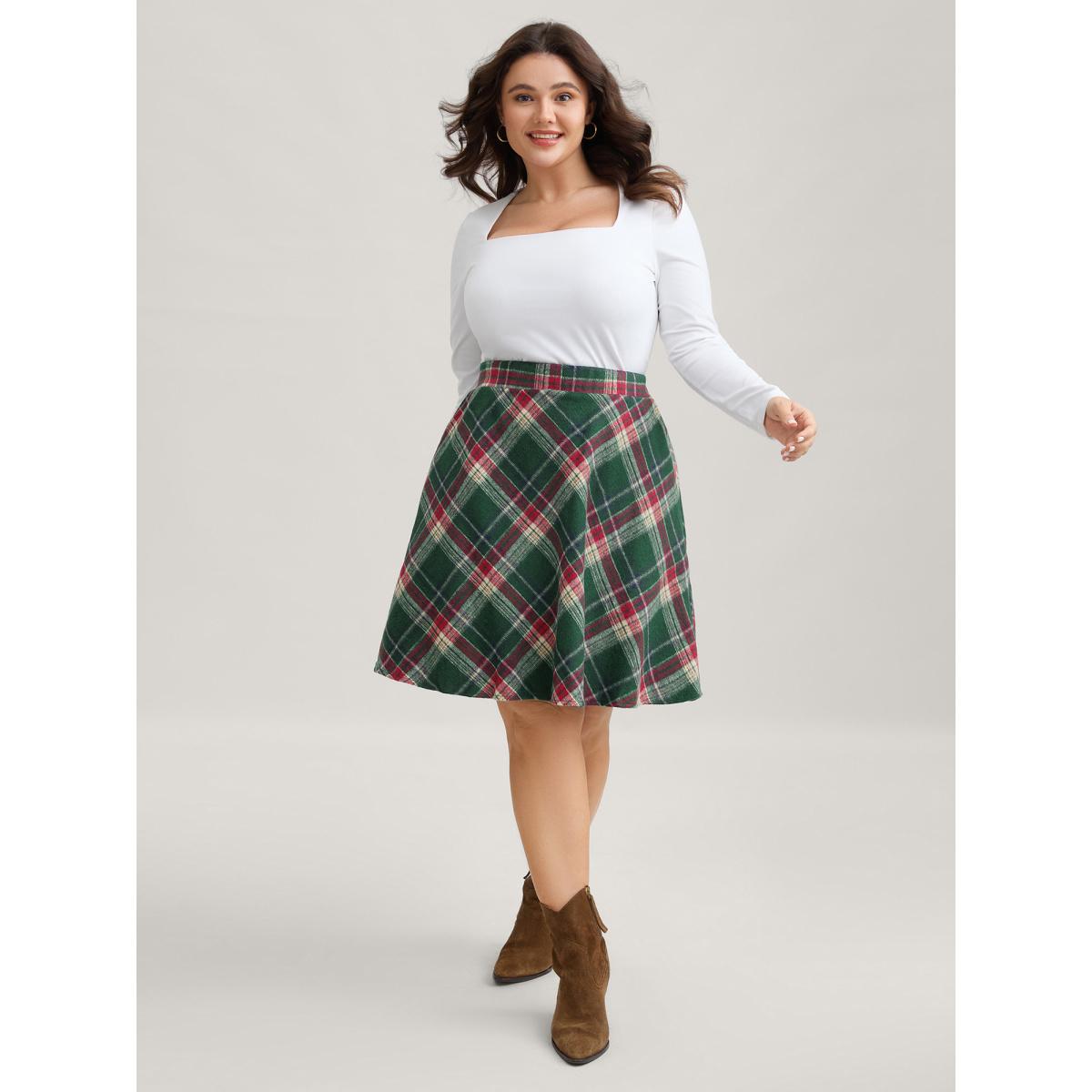 Plus Size Plaid Pattern Elastic Waist A-line Mini Skirt Women DarkGreen Retro Low stretch Slanted pocket Elegant Skirts BloomChic 22-24/3X Product Image