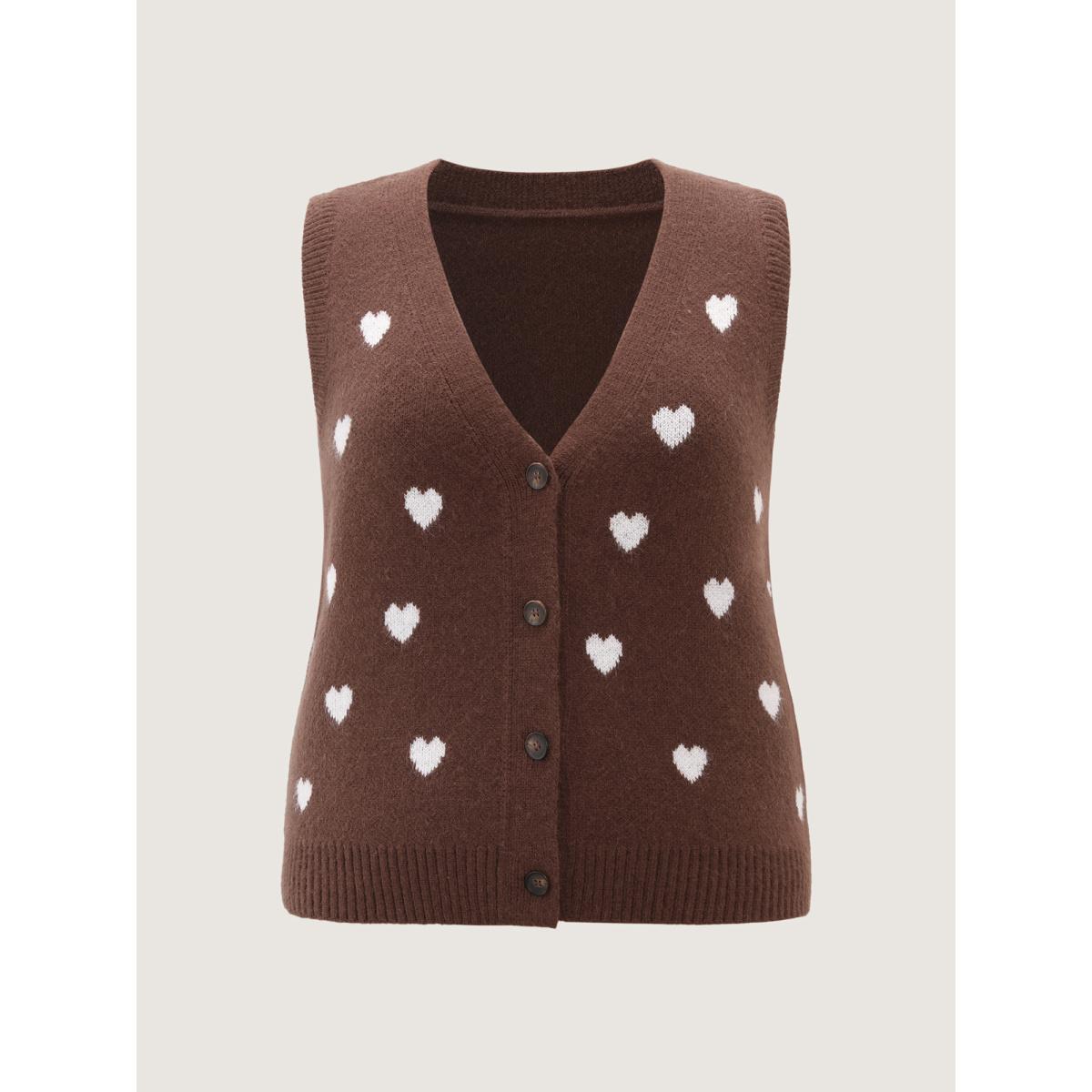 Plus Size Heart Print Button Front Cardigan Browncoffeecolor Women Playful Sleeveless Casual Cardigans BloomChic 18-20/2X Product Image