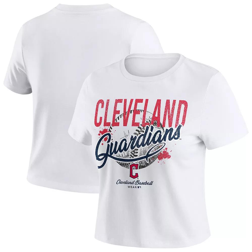 Women's WEAR by Erin Andrews  White Cleveland Guardians Distressed Cropped Baby T-Shirt, Size: Large, Grd White Product Image
