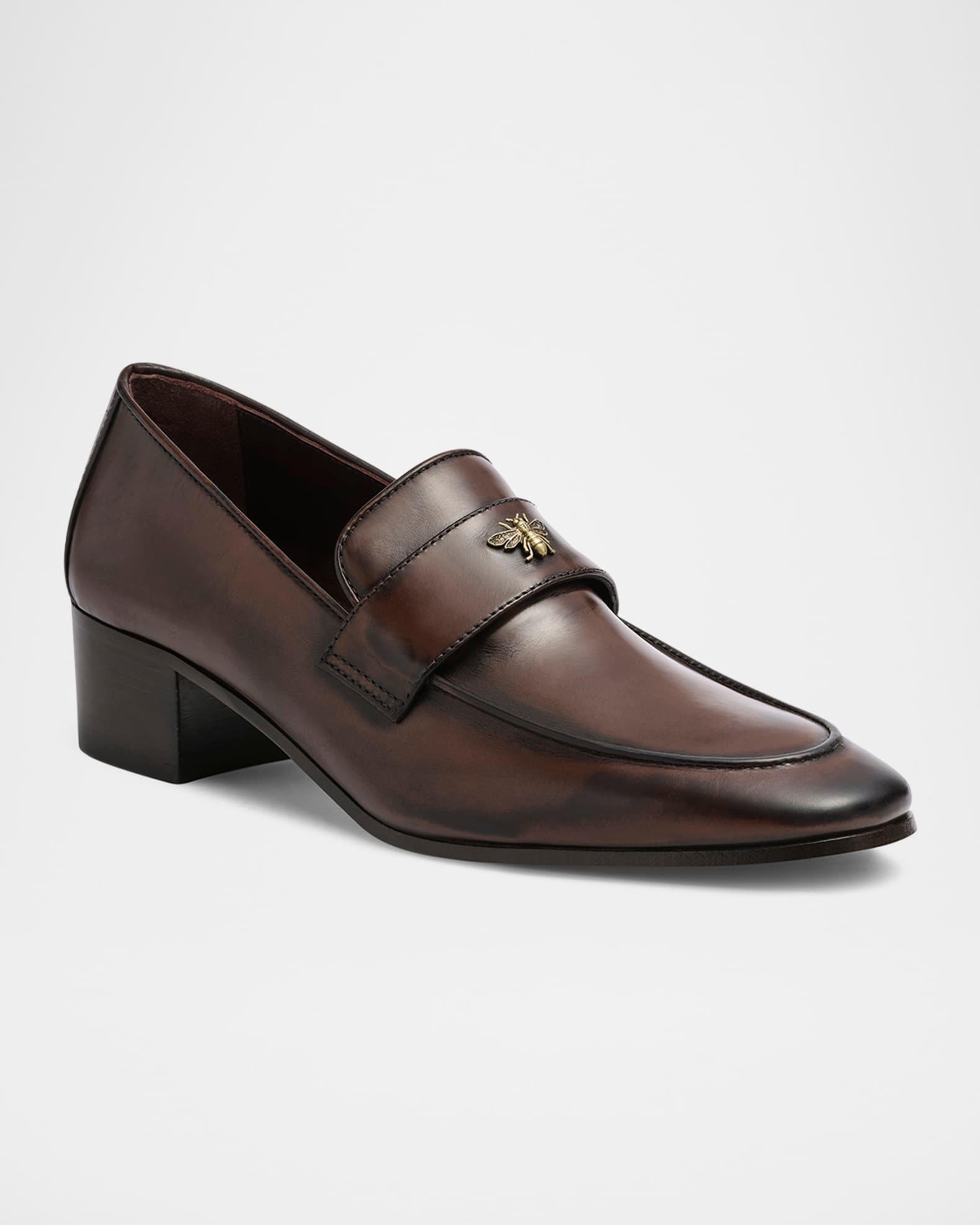 Brushed Leather Medallion Heeled Loafers Product Image