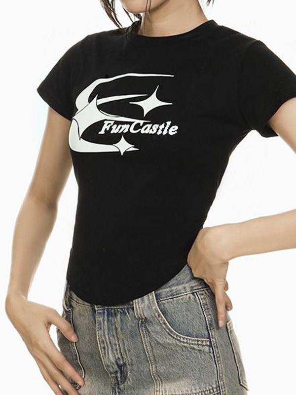 Vintage Print Curvy Hem Short Sleeve Tee Product Image