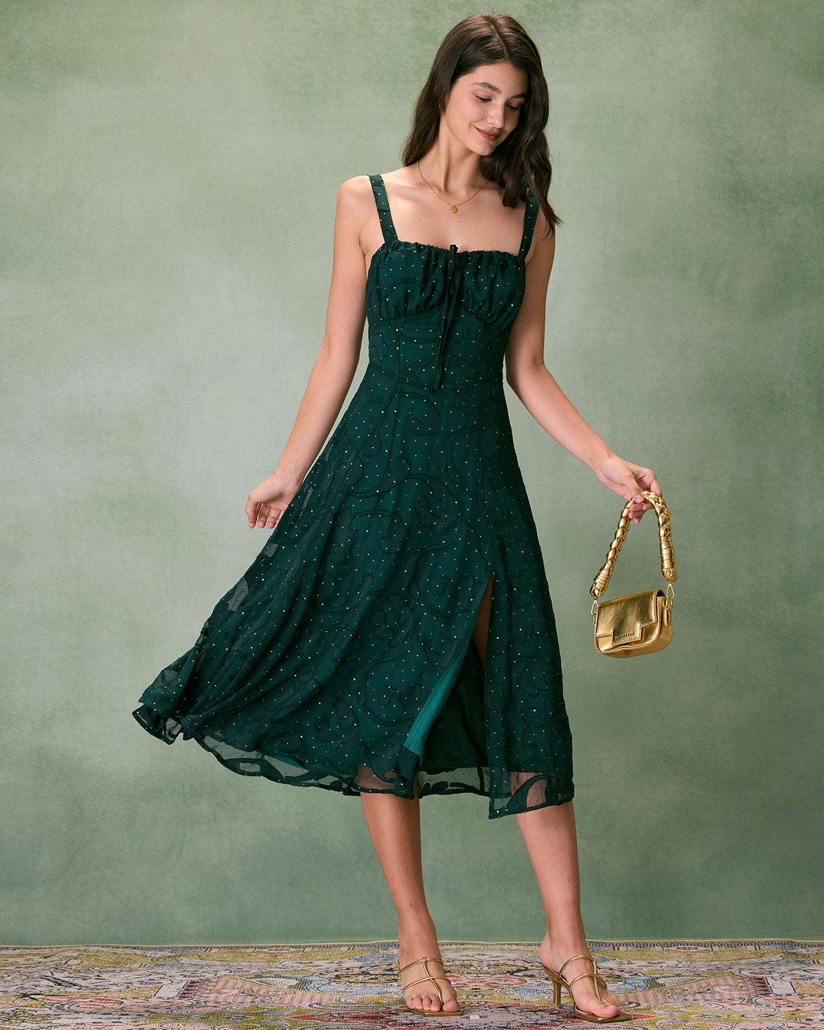 The Green Square Neck Jacquard Slit Midi Dress Product Image