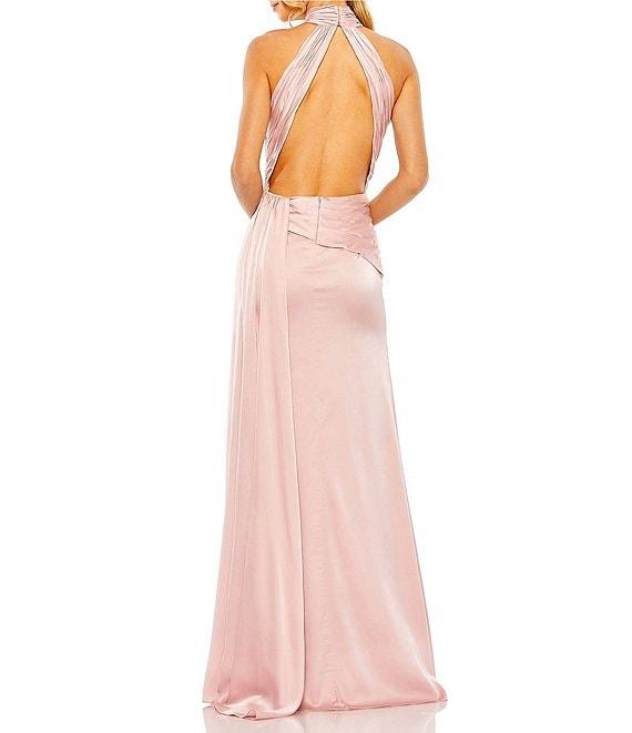 Mac Duggal Satin Halter Mock Neck Sleeveless Side Ruched Gown Product Image
