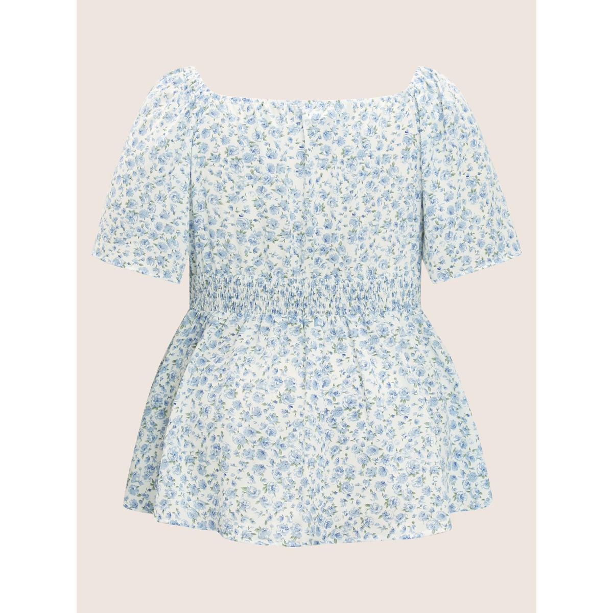 Plus Size White Ditsy Floral Ruffle Sleeve Shirred Square Neck Blouse Women Elegant Short sleeve Square Neck Everyday Blouses BloomChic 22-24/3X Product Image