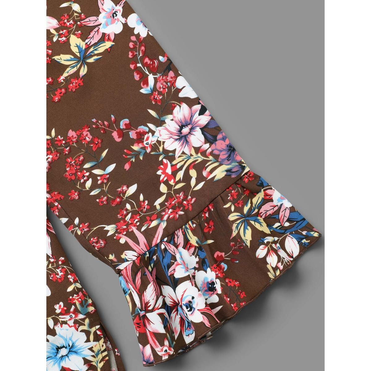 Plus Size Browncoffeecolor Floral Tie Knot Flutter Sleeve Blouse Women Elegant Long Sleeve V-neck Everyday Blouses BloomChic 28/5X Product Image