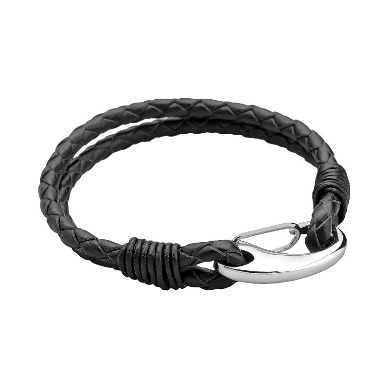 LYNX Stainless Steel & Black Leather Bracelet - Men, Men's, Size: 8.5" Product Image