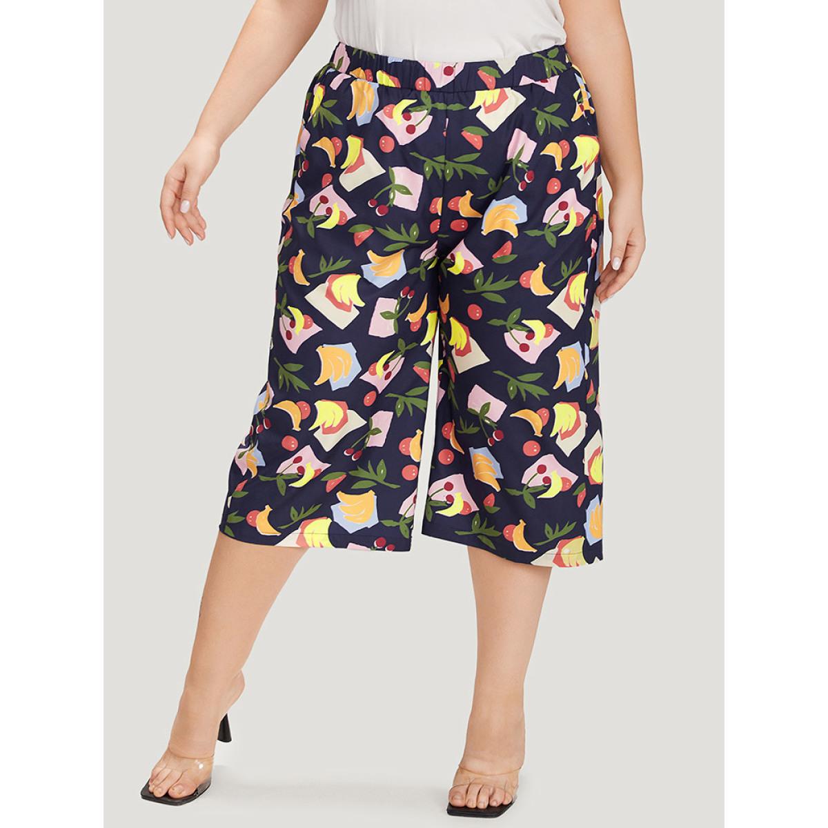 Plus Size Fruit Print Slant Pocket Elastic Waist Pants Women Multicolor Elegant High Rise Dailywear Pants BloomChic 12/L Product Image