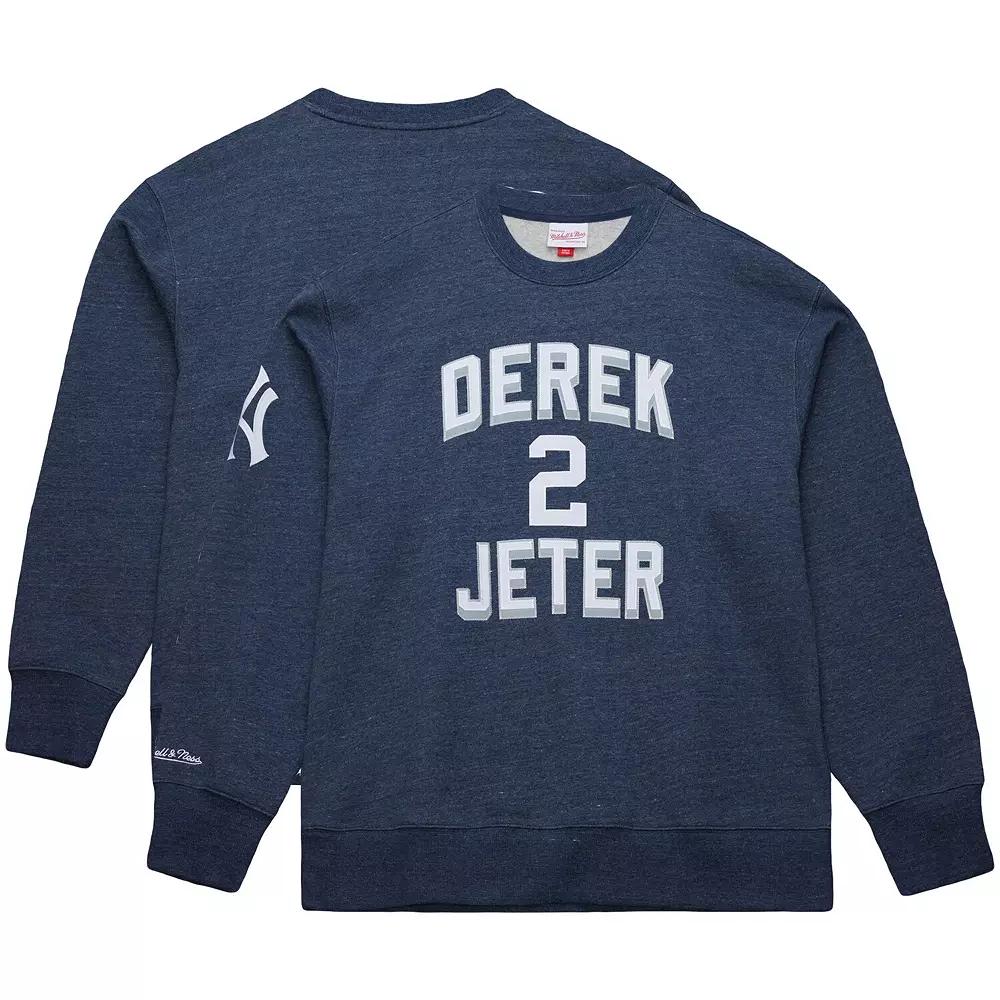 Men's Mitchell & Ness Derek Jeter Heather Navy New York Yankees Legends Collection Vintage Logo Fleece Name & Number Pullover Sweatshirt, Size: Small, Blue Product Image
