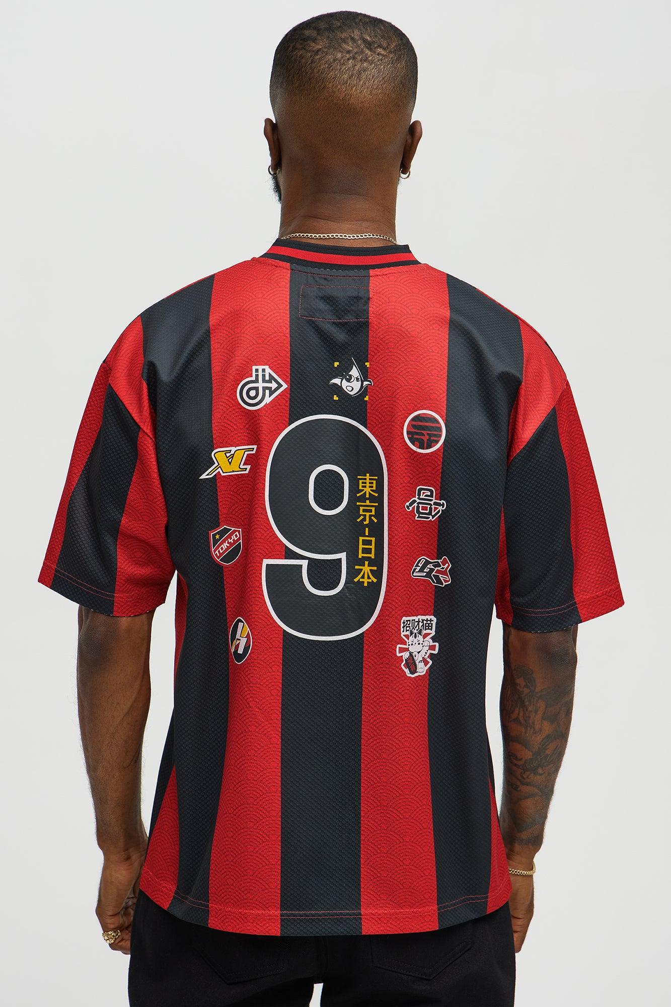 Tokyo Striped Short Sleeve Soccer Jersey - Red/Black Male Product Image