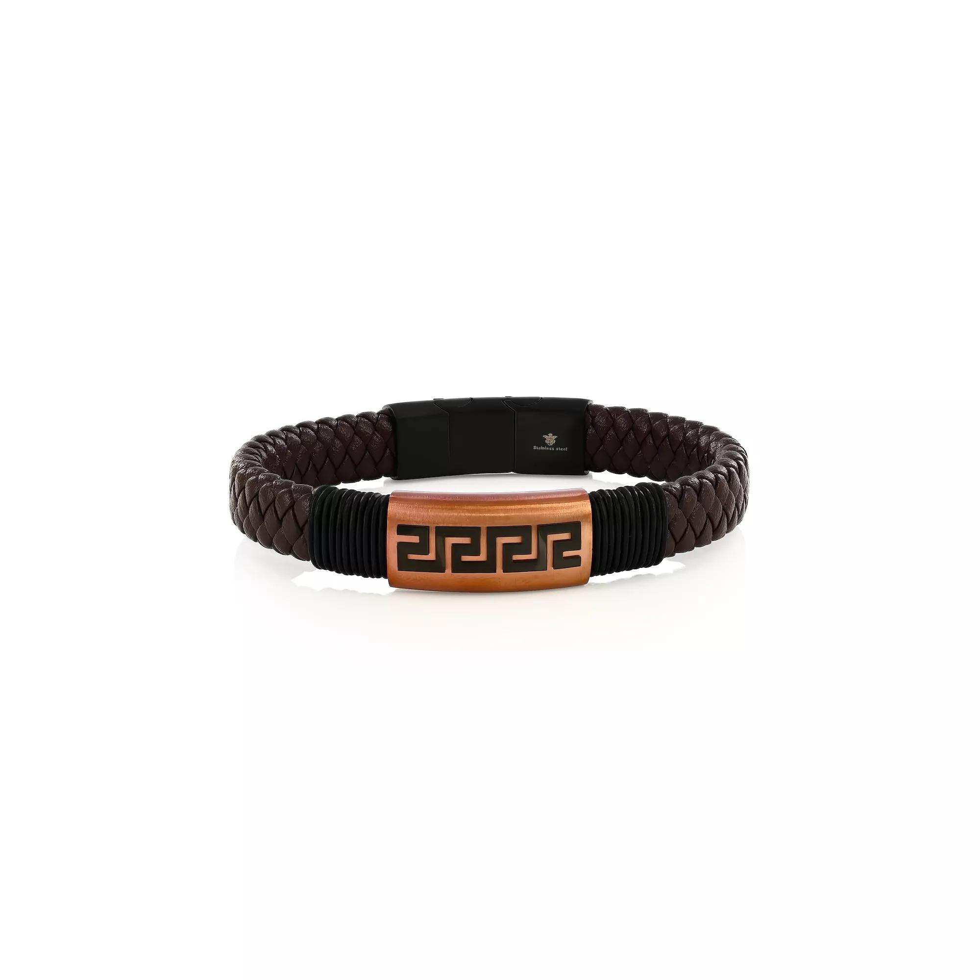 Men's Metallo Stainless Steel Greek Key Leather Bracelet, Size: 8.5", Brown Rose Tone Product Image