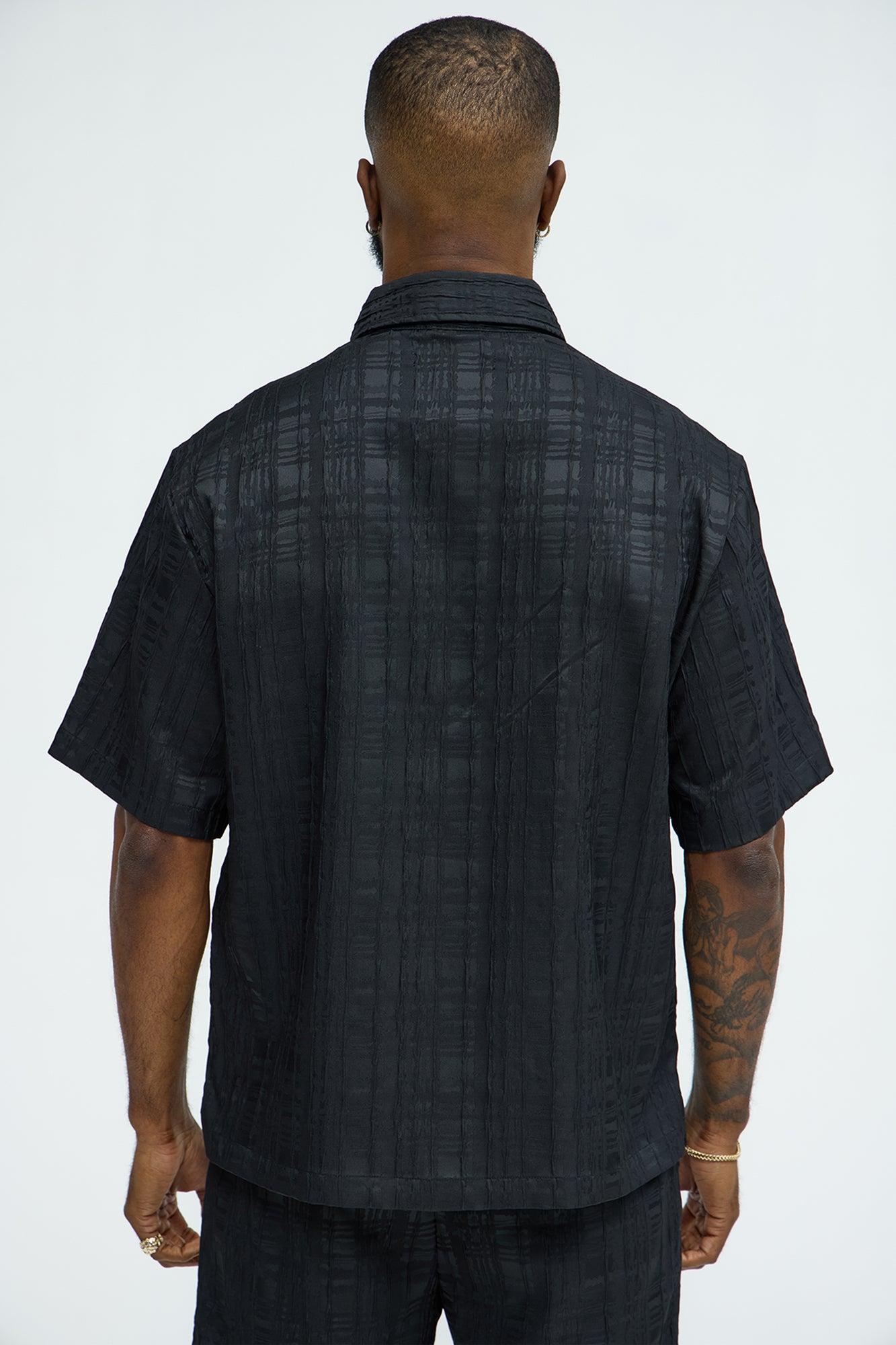 Plaid Crinkle Closed Collar Shirt - Black Product Image