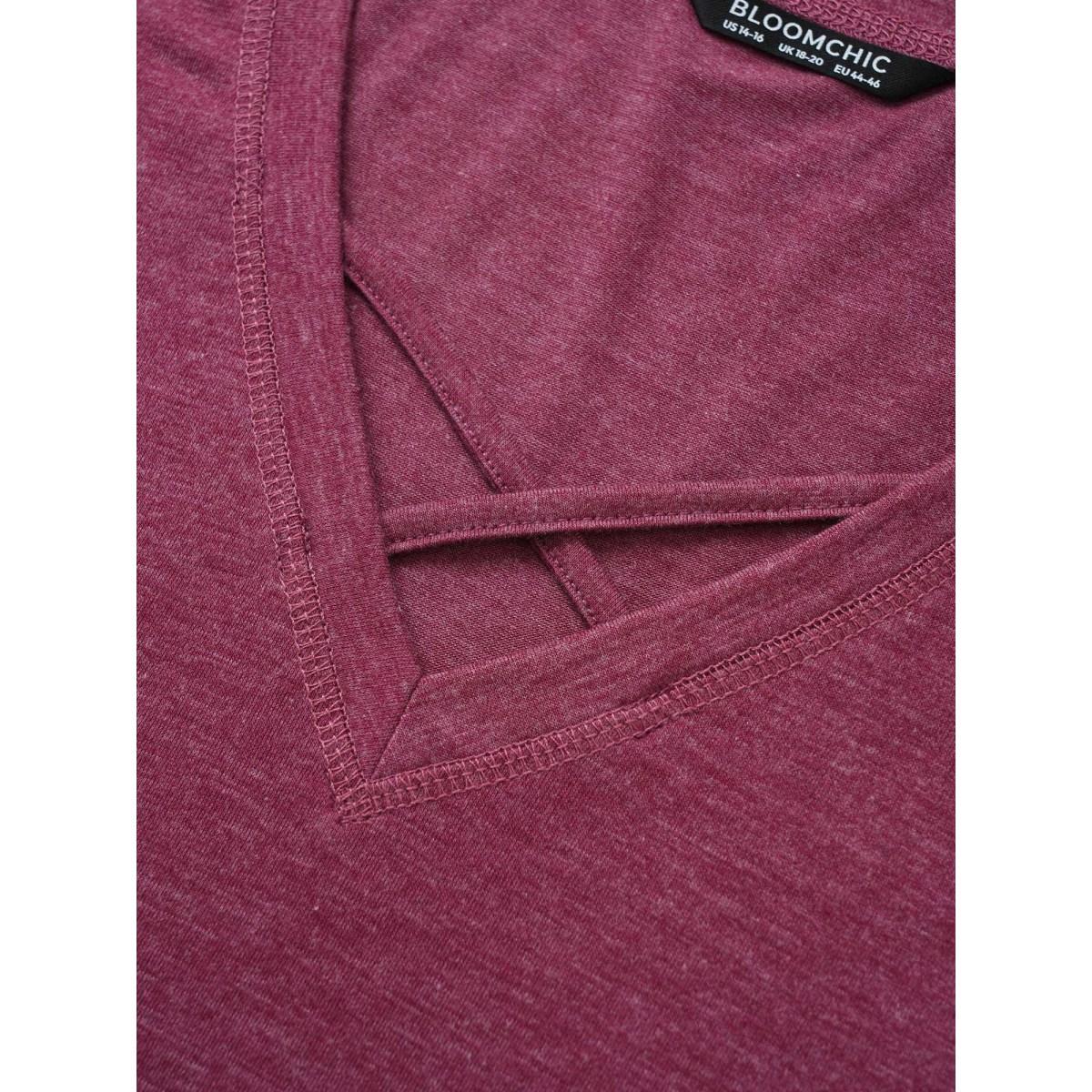 Plus Size Solid Crisscross Neck Contrast Stitch T-shirt RedViolet Women Leisure Plain V-neck Casual T-shirts BloomChic 22-24/3X Product Image