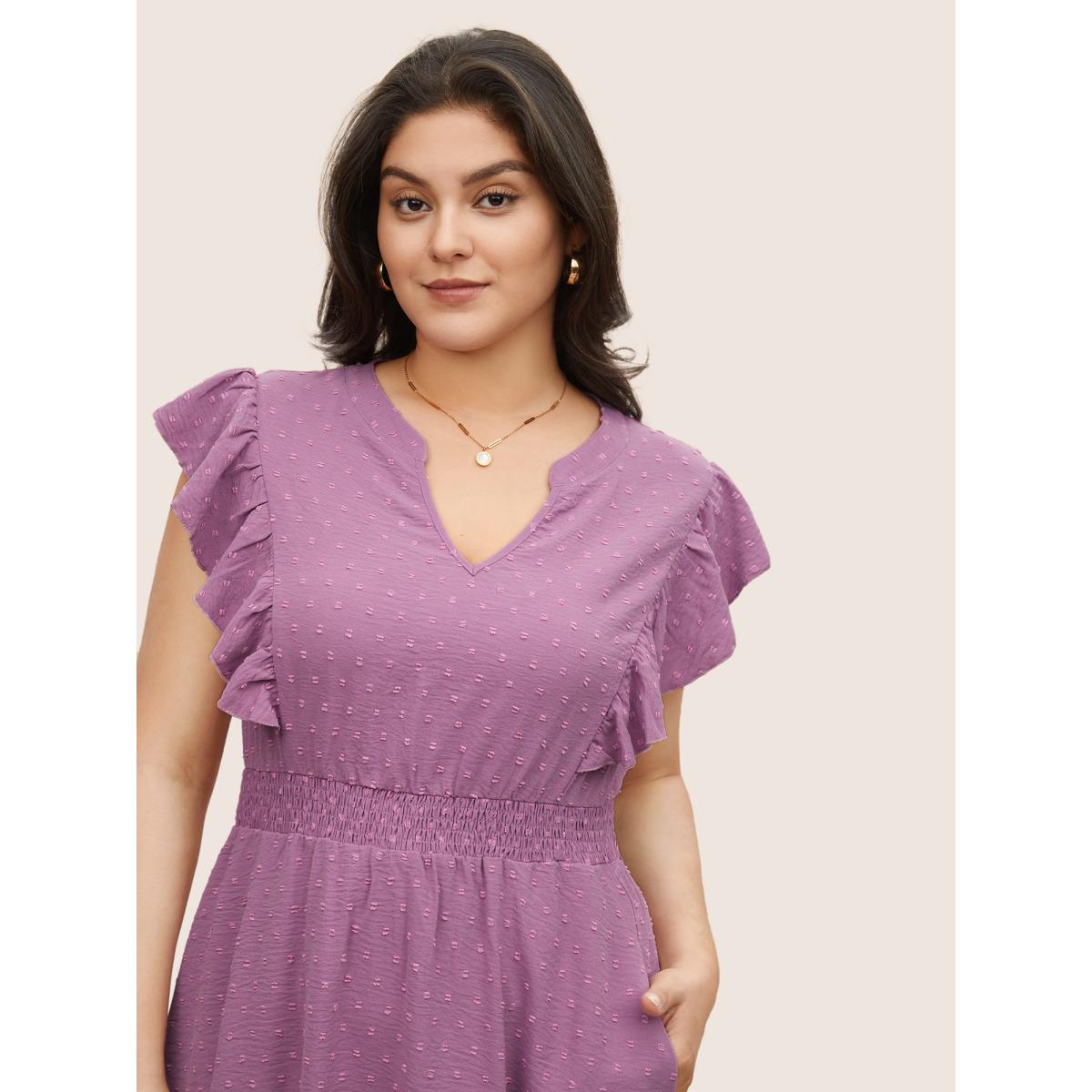 Plus Size Solid Textured Shirred Patchwork Ruffles Dress Lilac Women Elegant Non Notched collar Cap Sleeve Curvy Midi Dress BloomChic 14-16/1X Product Image