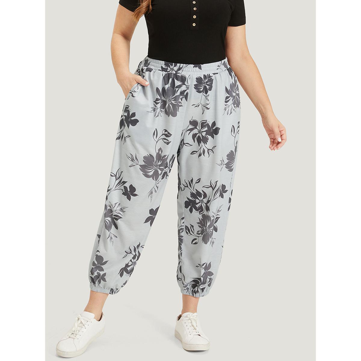 Silhouette Floral Print Pocket Elastic Waist Sweatpants DarkGray Plus Size Women Casual Everyday Elastic Waist 14-16/1X Bloomchic Product Image