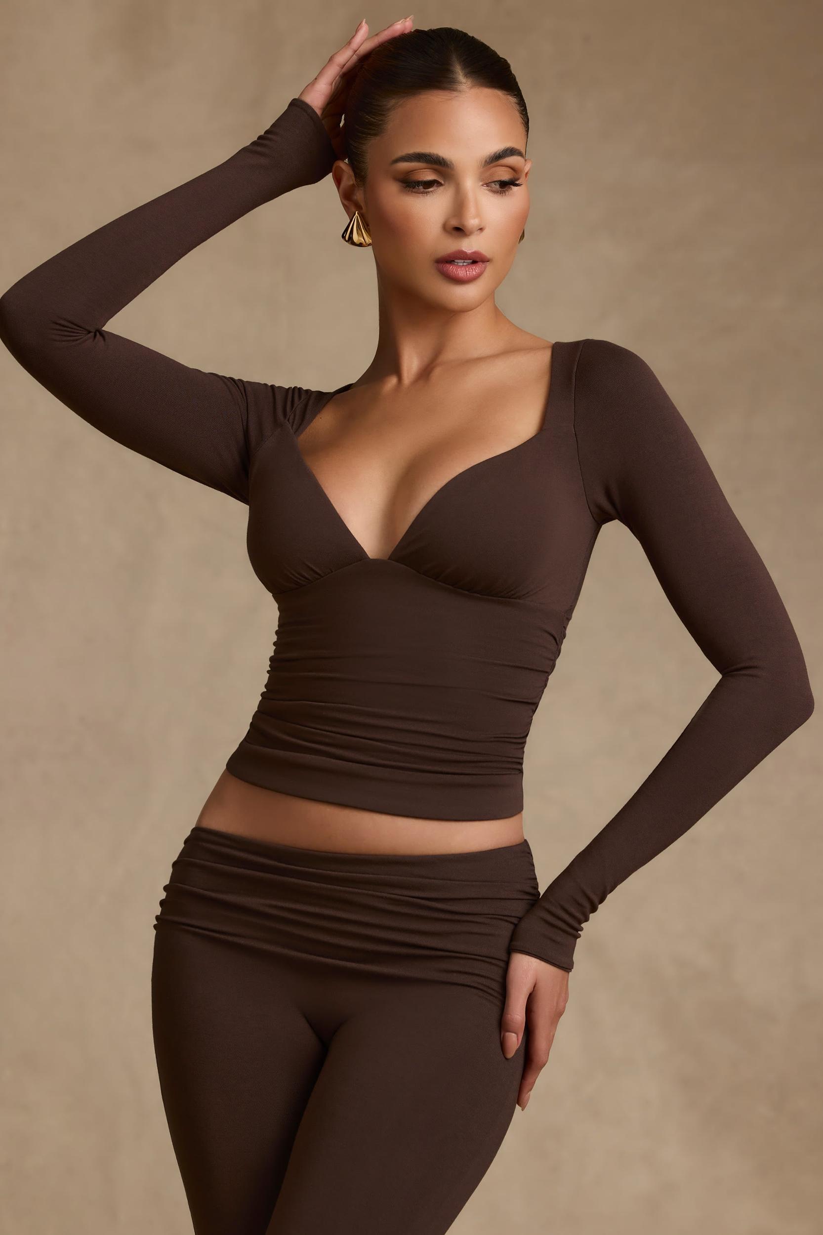 Modal Ruched Long-Sleeve Top in Chocolate Brown Product Image