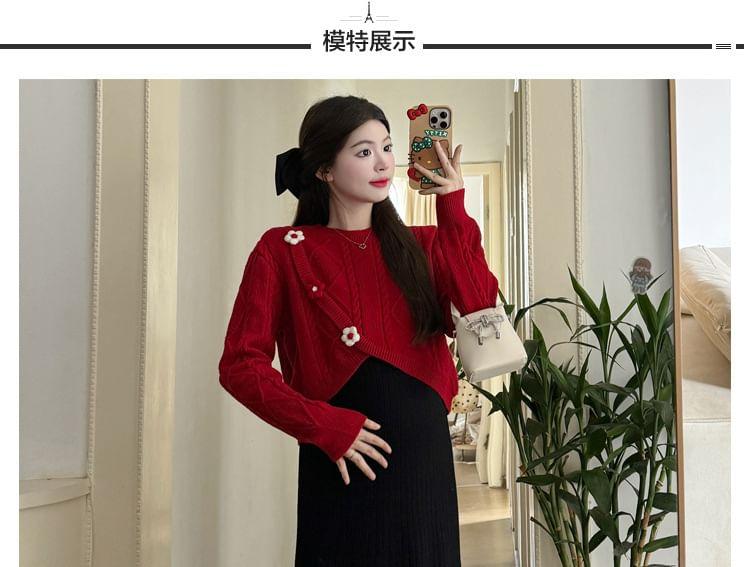 Maternity Long-Sleeve Crew Neck Asymmetrical Floral Accent Cable Knit Crop Top / Sleeveless Square Neck Plain Midi A-Line Dress Product Image