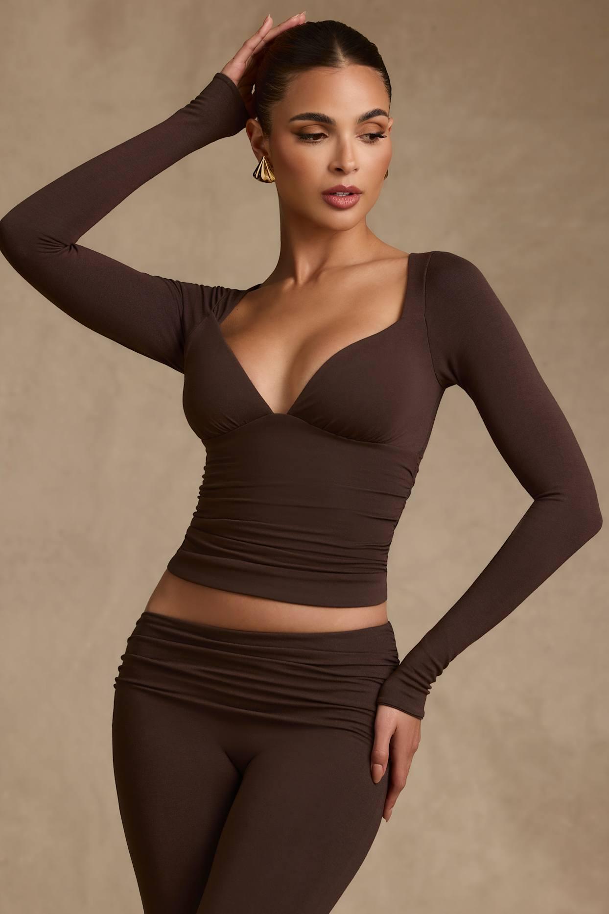 Modal Ruched Long-Sleeve Top in Chocolate Brown Product Image