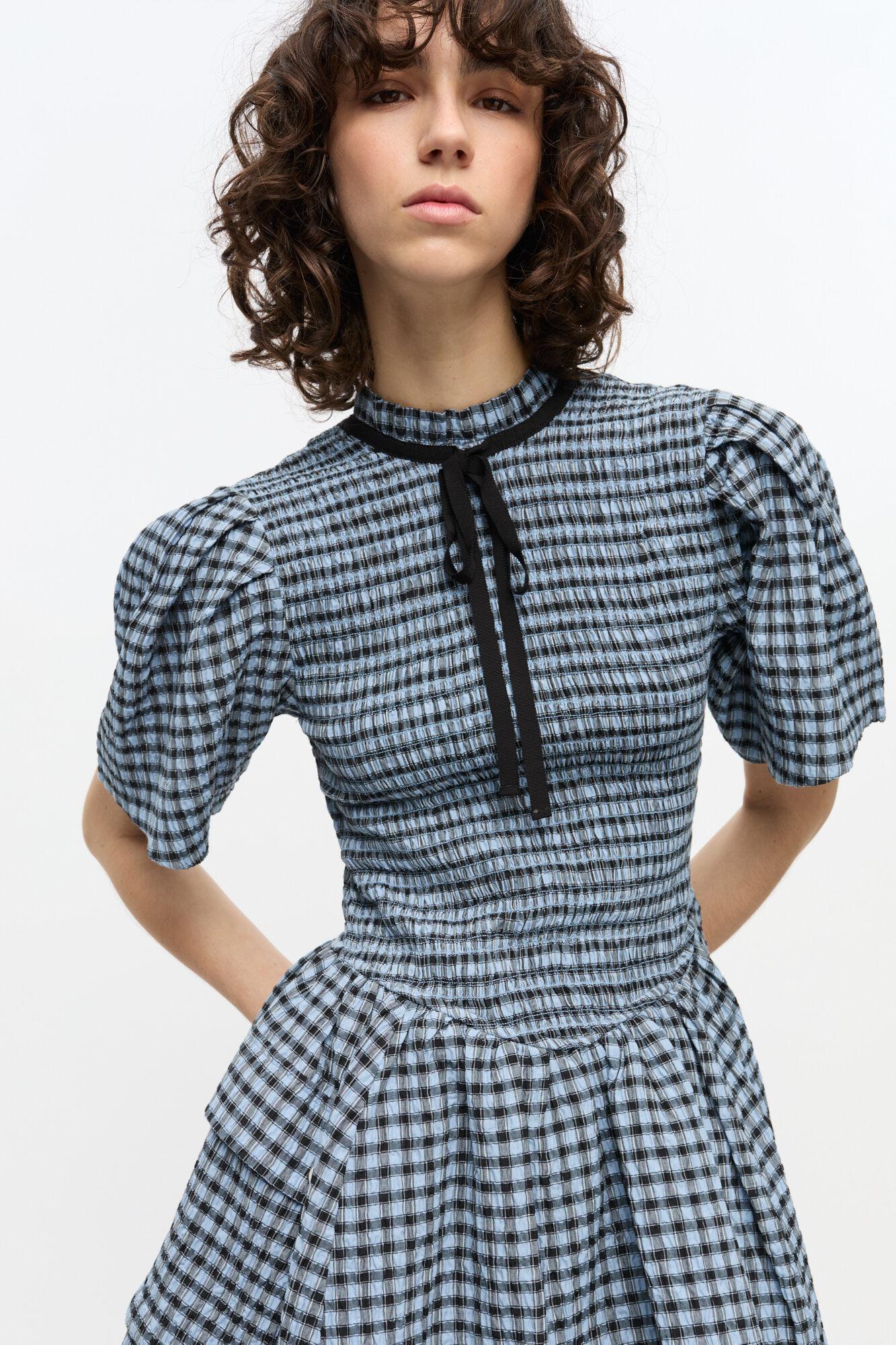 Blue Seersucker Check Mini Smock Dress Product Image