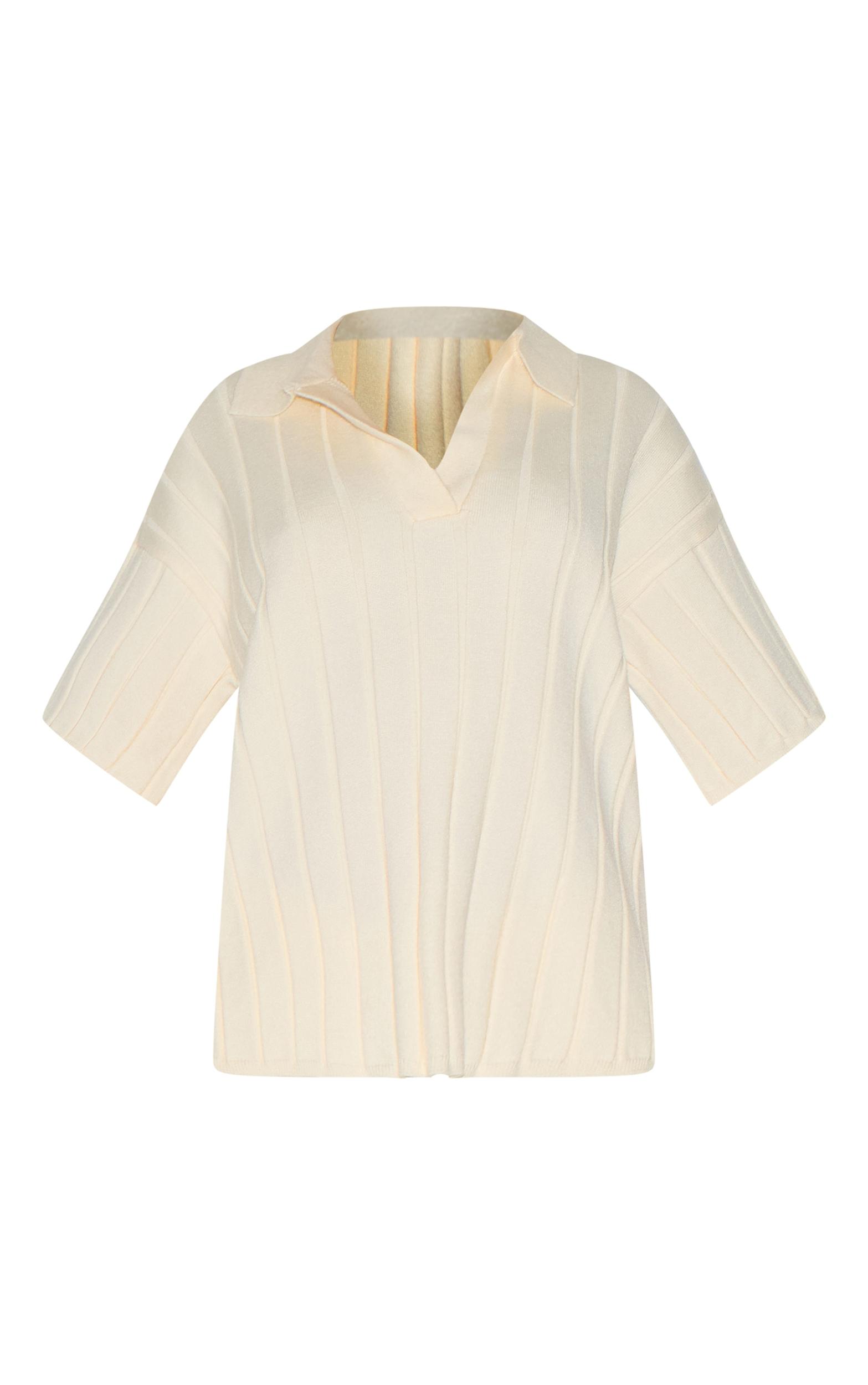 Cream Rib Knit Oversized Polo Top Product Image