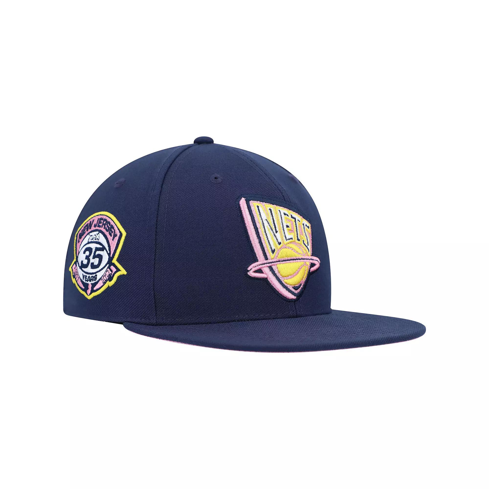 Men's Mitchell & Ness Navy New Jersey Nets 35 Years Burnt Sunrise Fitted Hat,  Product Image