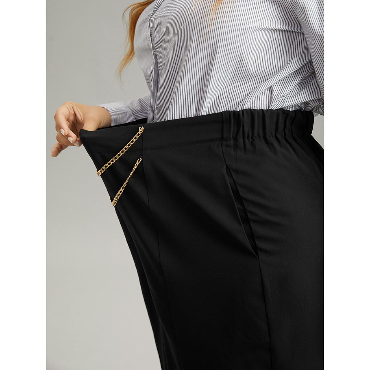 Plus Size Static-Free Metal Chain Detail Split Hem Pants Women Black At the Office Straight Leg High Rise Office Pants BloomChic 10/M Product Image
