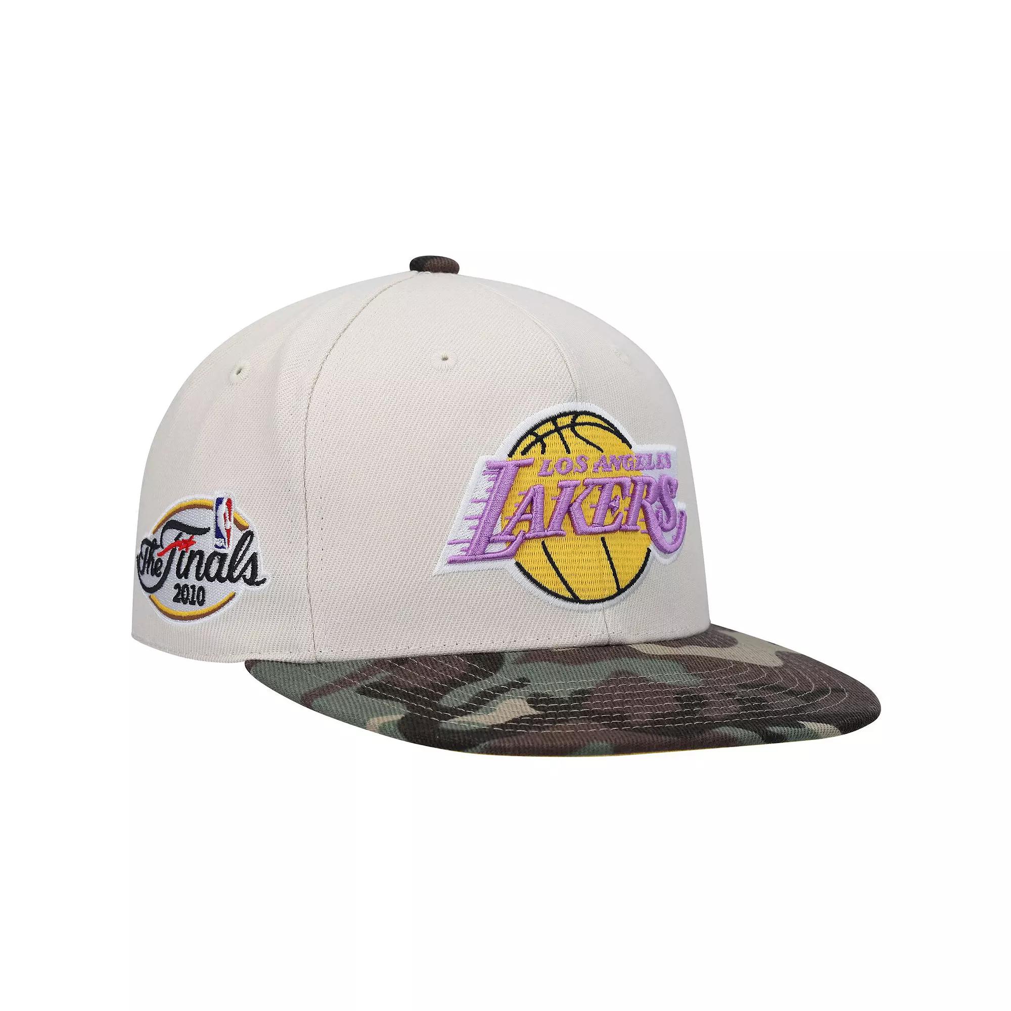 Men's Mitchell & Ness Cream Los Angeles Lakers Hardwood Classics 2010 NBA Finals Patch Off White Camo Fitted Hat, Size: 7 3/4, Beige Product Image