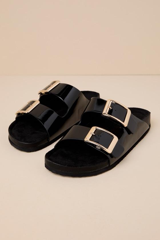 Bodiee Black Patent Buckle Slide Sandals Product Image