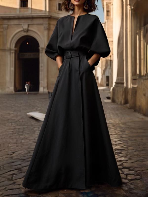 Half Sleeves Loose Belted Solid Color Deep V-Neck Maxi Dresses Product Image