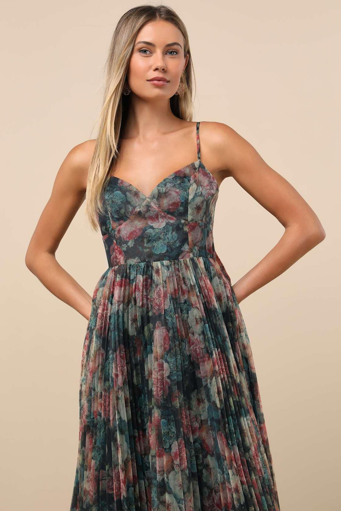 Alondra Dark Green Multi Floral Pleated Midi Dress Product Image