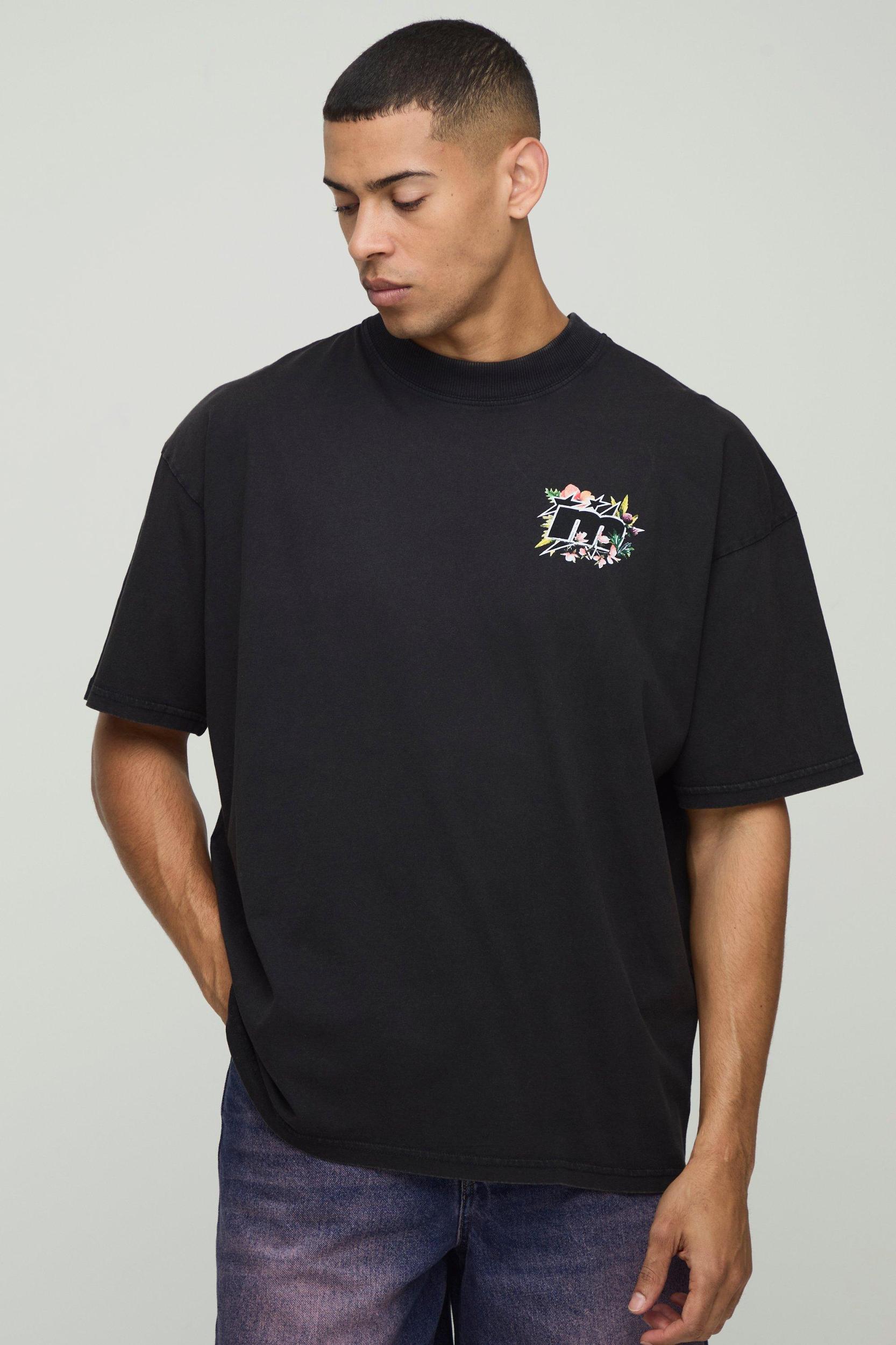 Washed Black Oversized Floral Star T-Shirt | boohooMAN USA Product Image