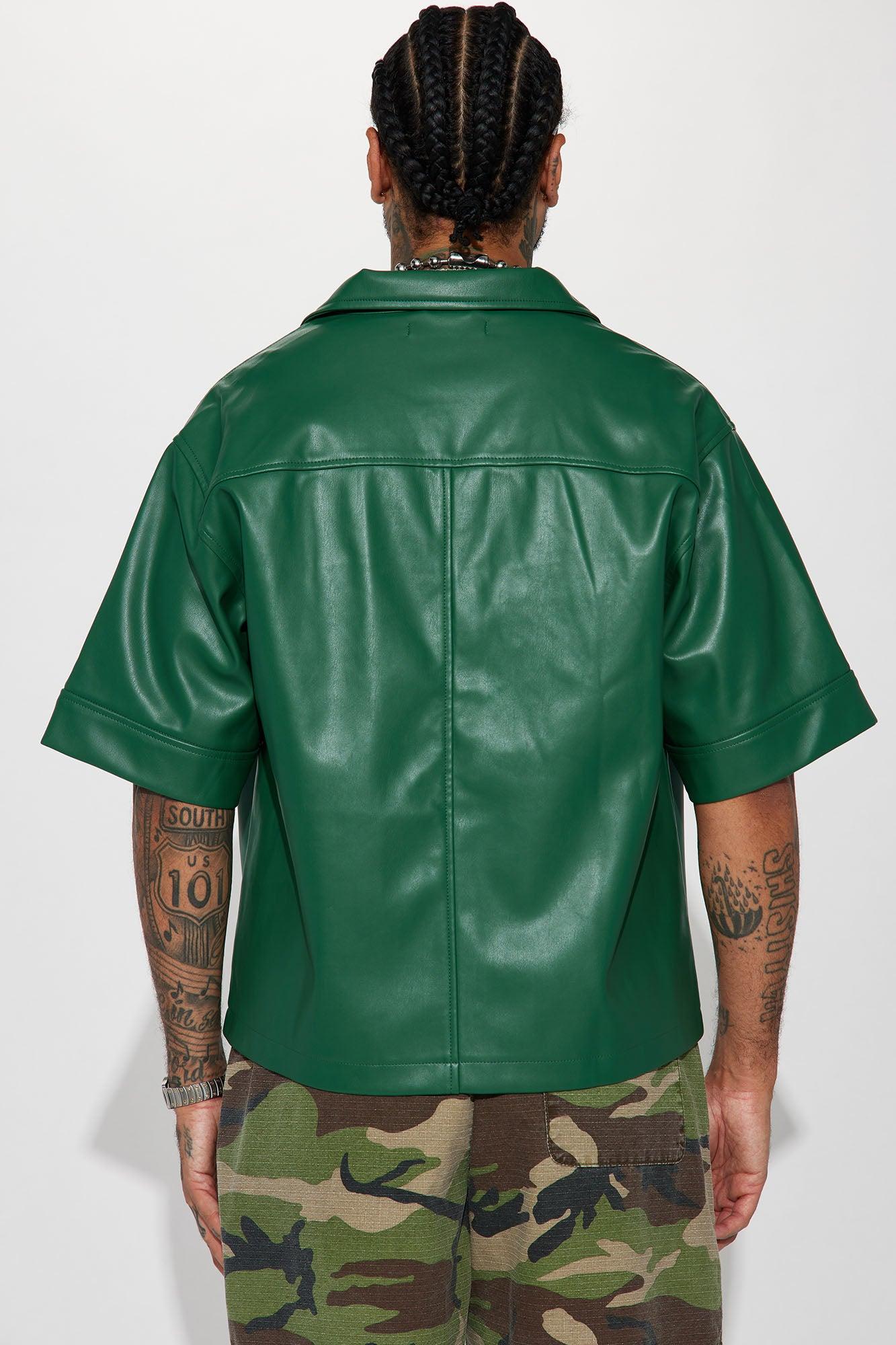 Cropped High Stepper Faux Leather Button Up Shirt - Hunter Product Image