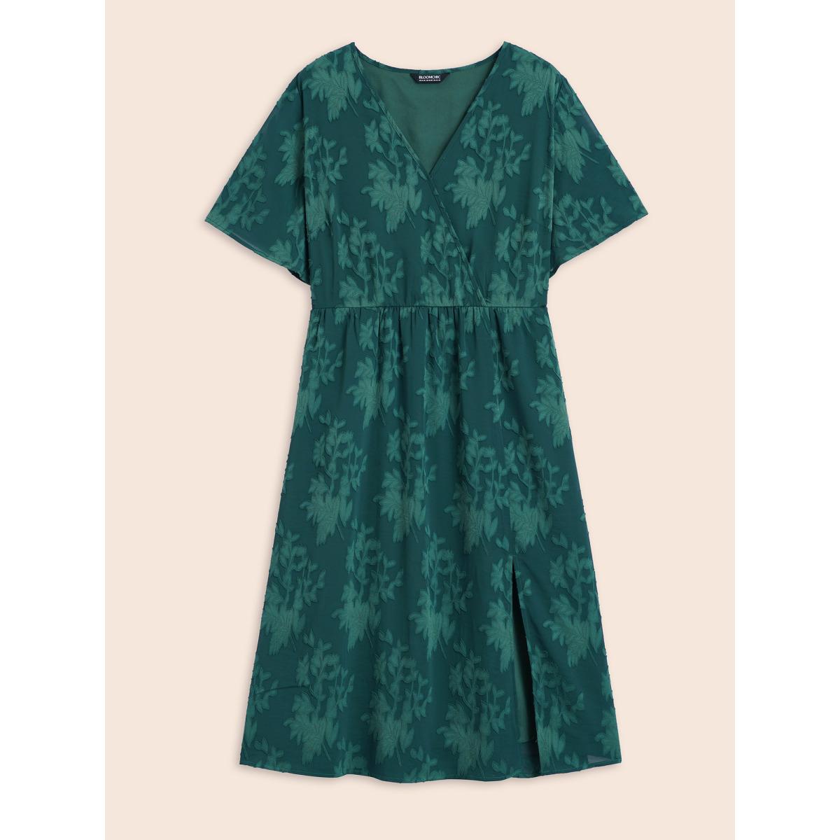 Plus Size Overlap Collar Jacquard Split Hem Dress Cyan Women Elegant Texture Overlap Collar Short sleeve Curvy BloomChic 22-24/3X Product Image