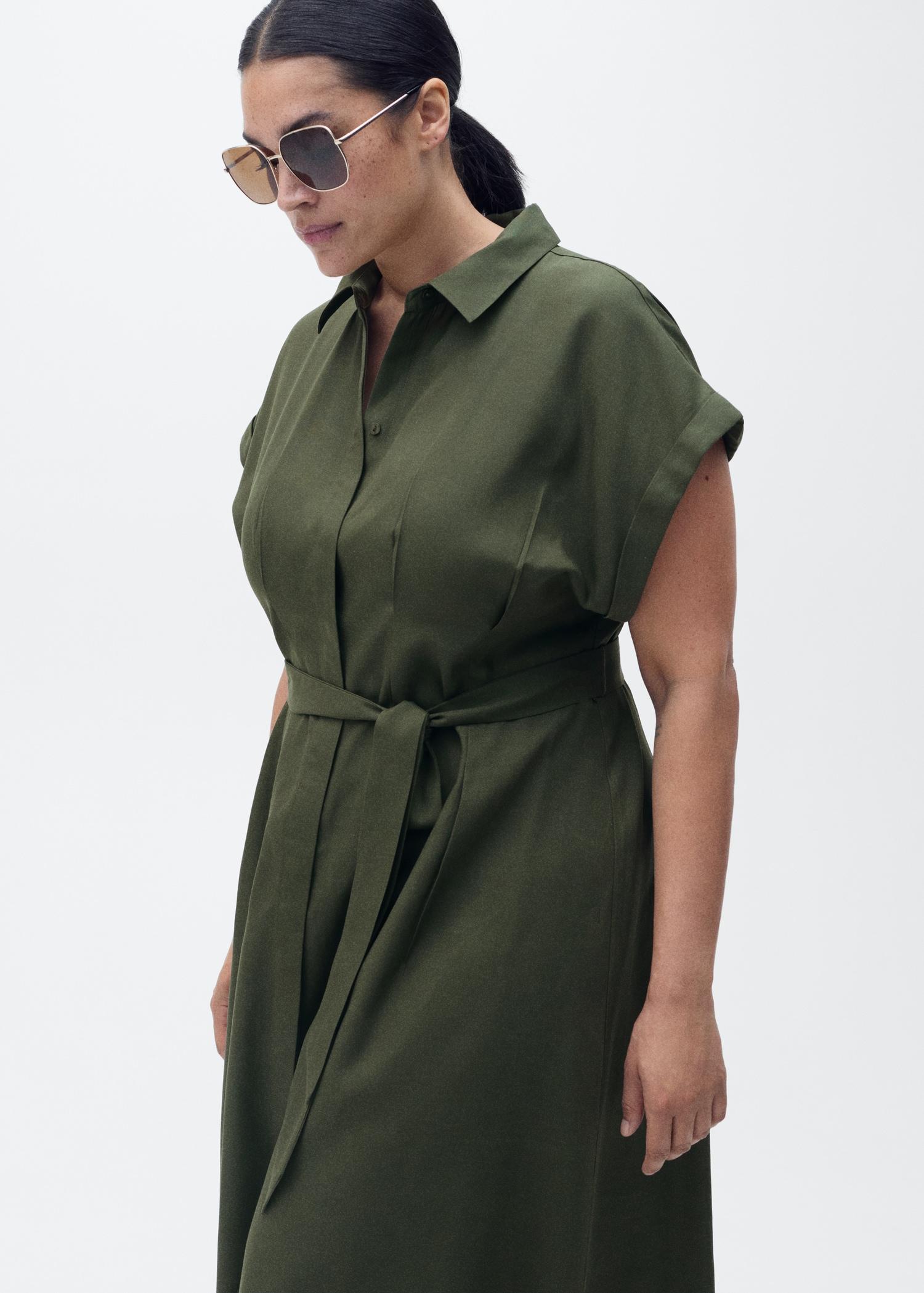 Linen and lyocell-blend shirt dress with belt - Women | MANGO USA Product Image