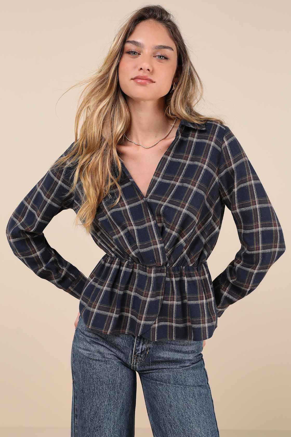 Seasonal Success Navy Blue Plaid Long Sleeve Peplum Top Product Image