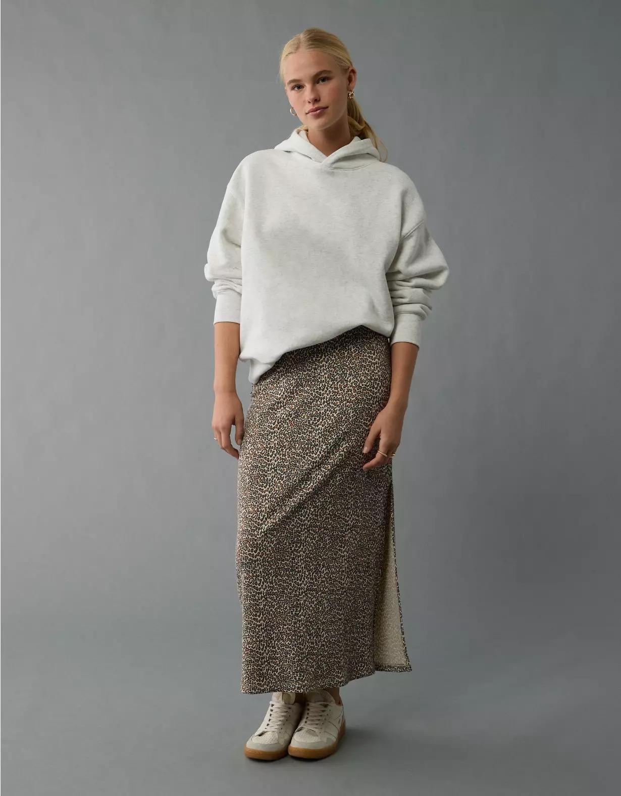 AE High-Waisted Leopard Column Maxi Skirt Product Image