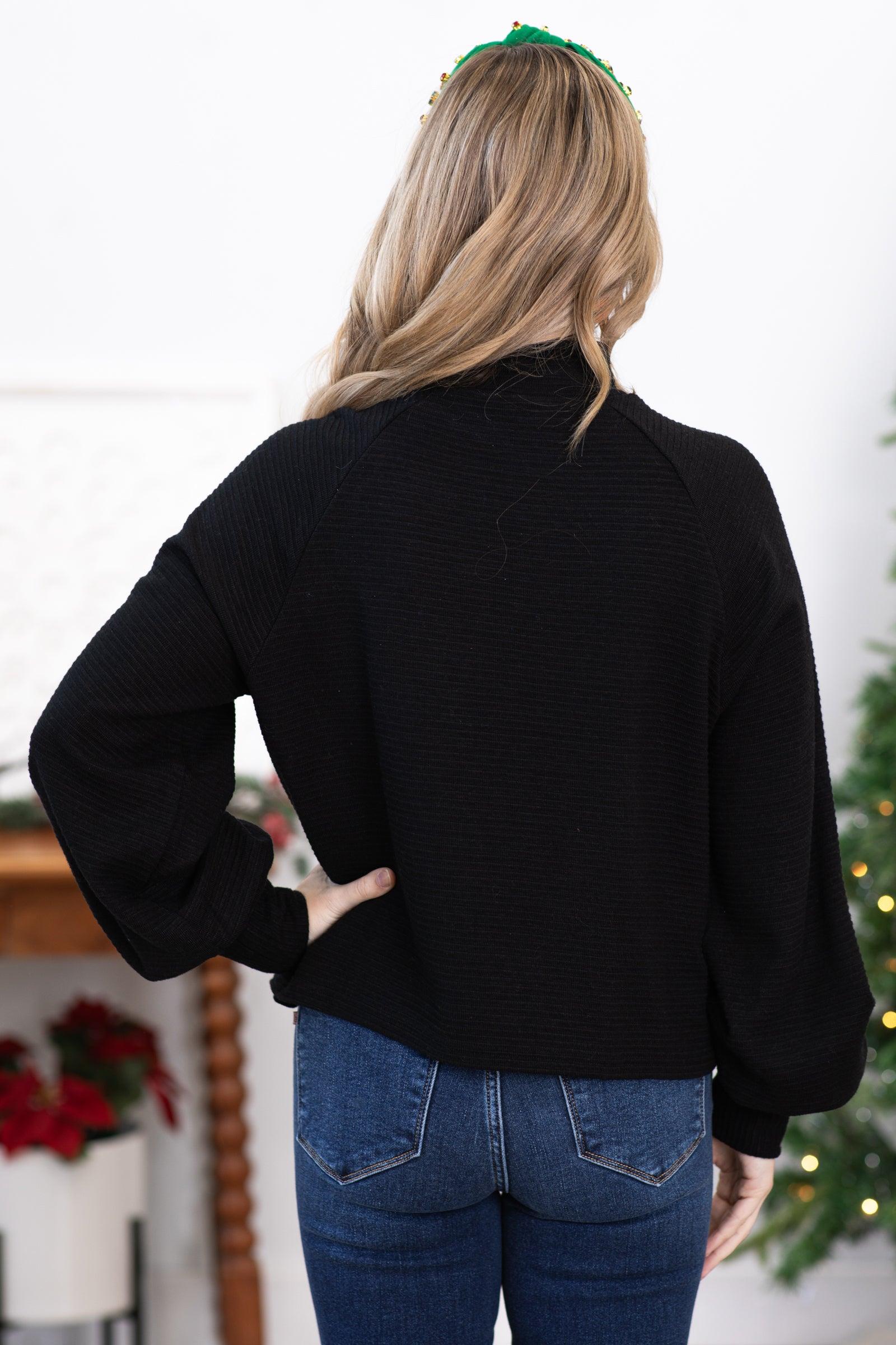 Black Mock Neck Ribbed Raglan Sleeve Top Product Image