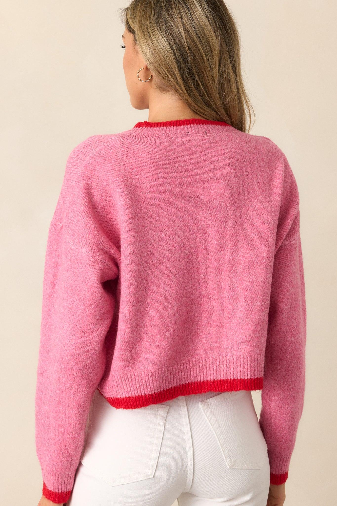 Strawberry Picking Pink Cropped Long Sleeve Sweater Product Image