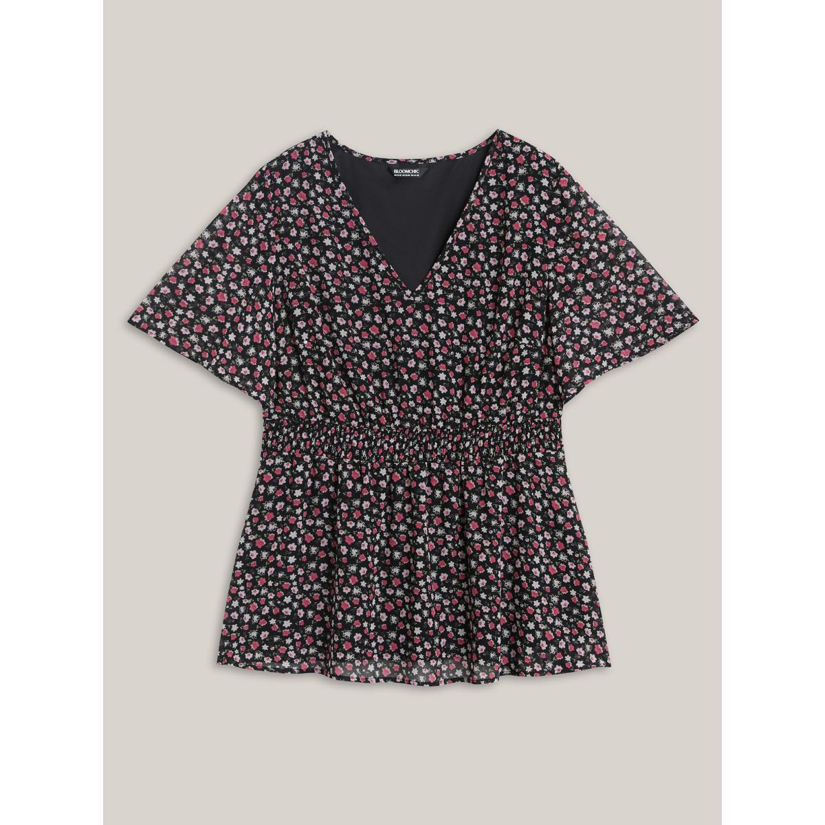 Plus Size Black Floral Print Shirred Waist Cinched Shirt Women Timeless Half Sleeve V-neck Elegant Blouses BloomChic 12/L Product Image