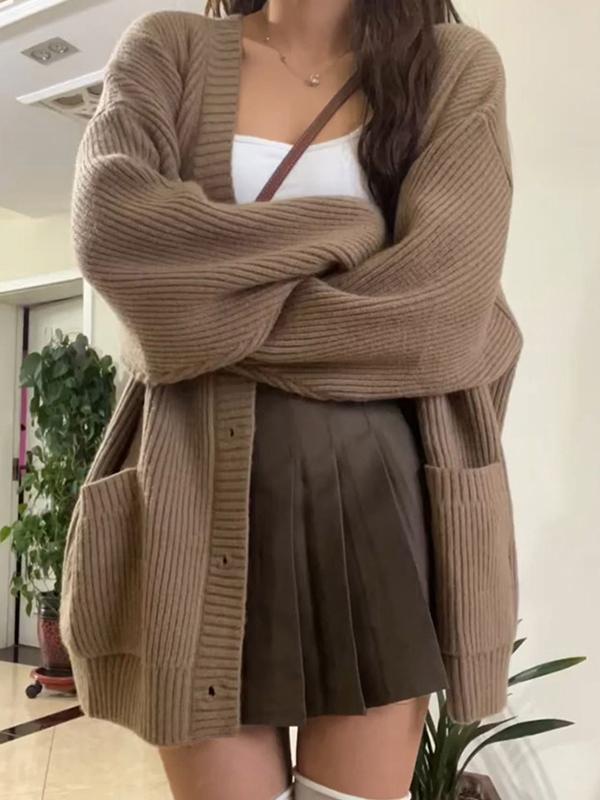 Preppy Solid Color V Neck Baggy Cardigan Product Image