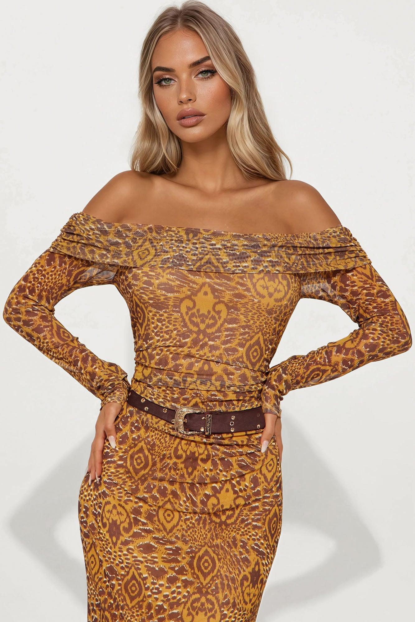 High Roller Long Sleeve Mesh Maxi Dress - Mustard/combo Female Product Image
