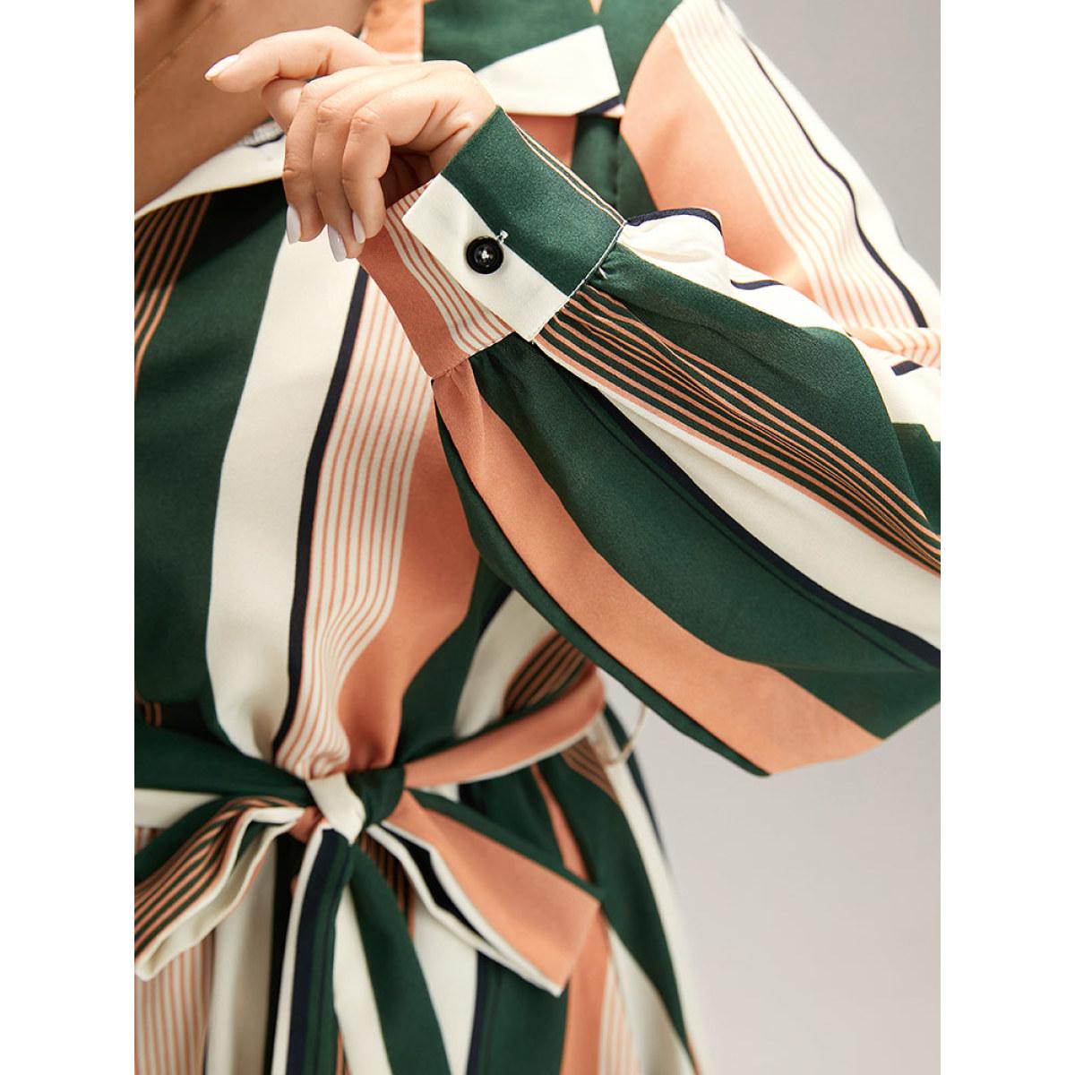 Plus Size Striped Belted Shirt Collar Button Through Dress Multicolor Women At the Office Printed Shirt collar Long Sleeve Curvy Midi Dress BloomChic 30/6X Product Image